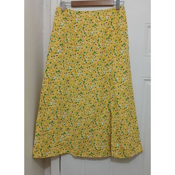 Ann Taylor womens size 4 linen viscose midi flare yellow green floral skirt - Picture 2 of 7